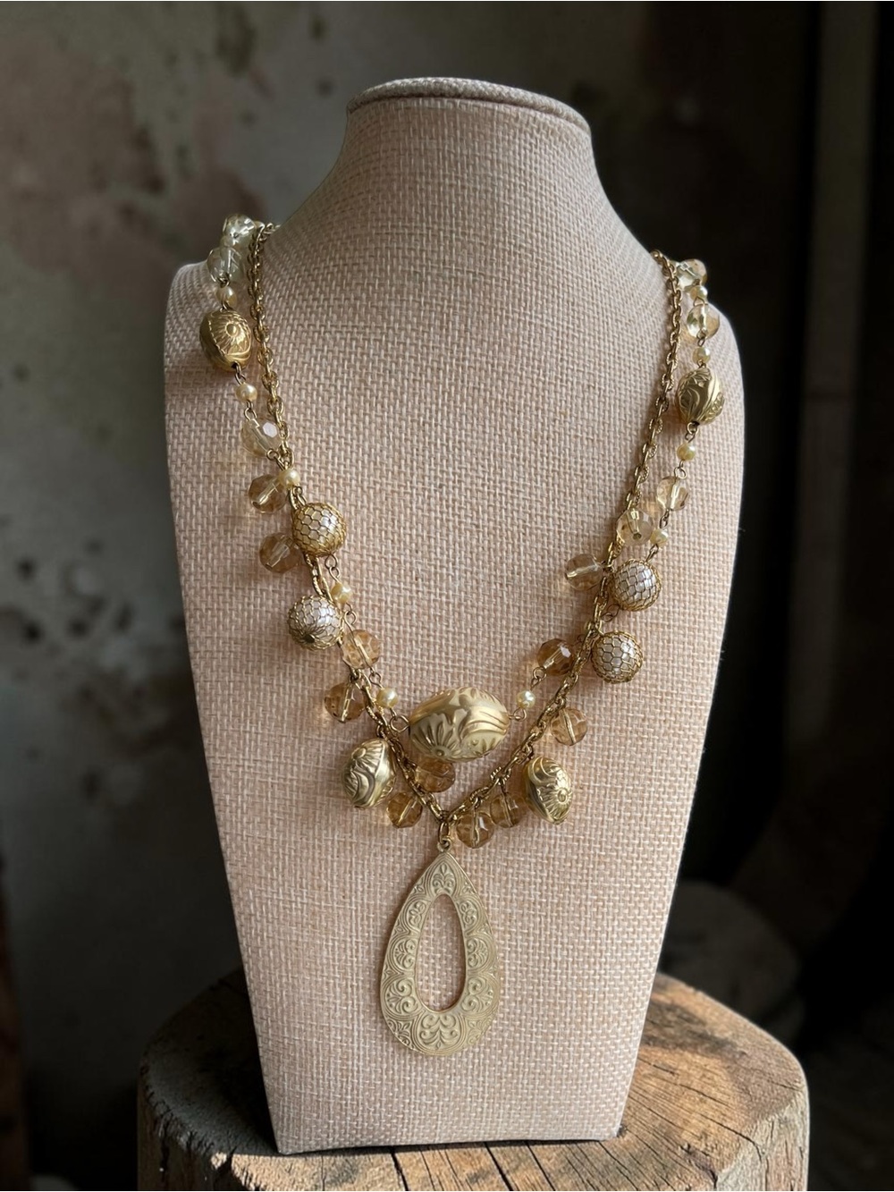 Whitewashed Gold Tone Double Strand Champagne Crystal Pendant Necklace
